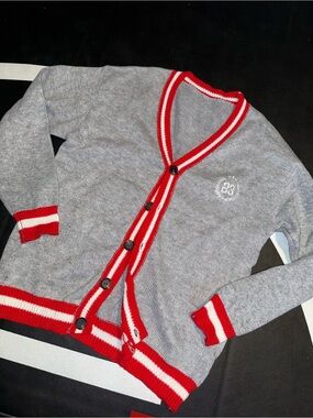 Grey Cardigan with Red Trim V-Neck Button-Front Sweater